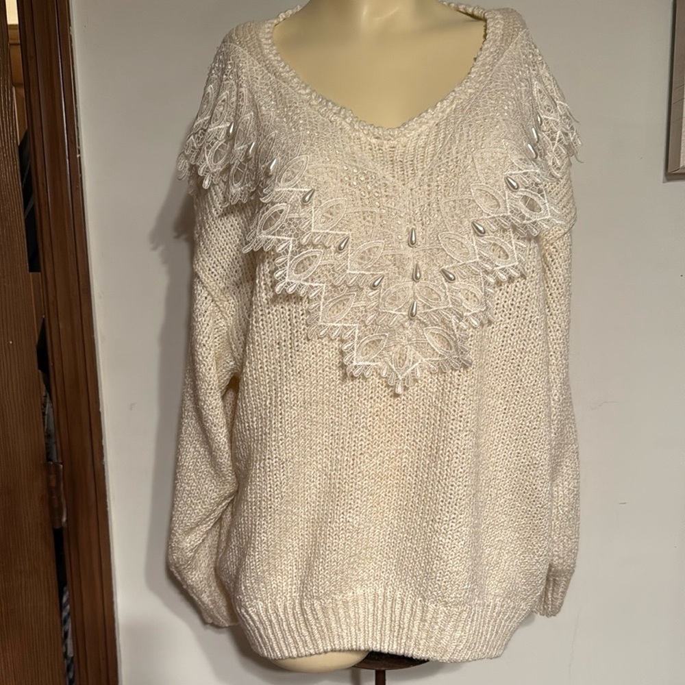 Elegant Cream Sweater with Lace Detailing